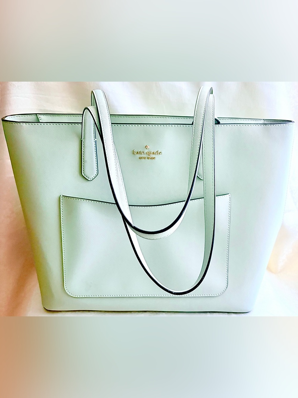Kate Spade pale mint leather tote with front pocket and clutch (never worn)